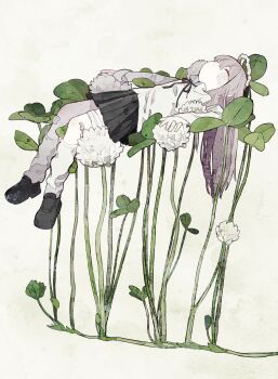 Rule 34 | 1girl, bandaged leg, bandages, black shoes, black skirt, closed eyes, commentary, flower, full body, gauze, gauze on cheek, highres, long hair, lying, miniskirt, on back, original, plant, pleated skirt, shirt, shoes, skirt, socks, solo, soresaki, untranslatable commentary, white flower, white shirt, white socks