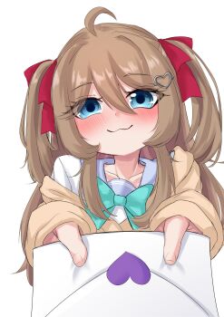 absurdres blue_eyes blue_ribbon blush clavicles hair_ornament handing_object highres indie_virtual_youtuber letter love_letter neuro-sama ribbon ritspi virtual_youtuber