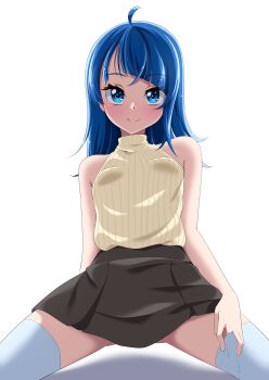 1girl absurdres alternate_hairstyle black_skirt blue_eyes blue_hair blush casual closed_mouth commentary cut_bangs full_body hair_down halterneck highres hirogaru_sky!_precure kneeling looking_at_viewer medium_hair miniskirt pleated_skirt precure ribbed_sweater s-operator simple_background single_sidelock skirt smile solo sora_harewataru spread_legs sweater thighhighs white_background white_thighhighs yellow_sweater