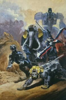 big_moth_(dancouga) black_cougar_(dancouga) canopy_(aircraft) choujuu_kishin_dancouga commentary_request dancouga dancouga_(series) eagle_fighter flying highres land_liger looking_at_viewer mecha mechanical_tail no_humans official_art realistic red_eyes robot science_fiction standing super_robot tail takani_yoshiyuki tusks