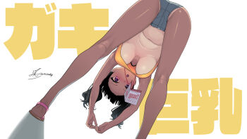1girl ass black_hair blush breasts copyright_name forehead gaki_kyonyuu hanging_breasts kaedeko_(kaedelic) kneepits large_breasts looking_at_viewer looking_through_own_legs navel no_bra one-piece_tan open_mouth original pink_sandals purple_eyes radio_exercises sandals sasaki_kanna short_shorts shorts simple_background solo standing tan tanline text_background twintails underboob upshirt white_background