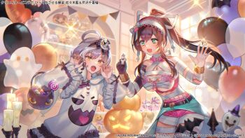 2girls :d ahoge assault_lily balloon bandaged_arm bandaged_chest bandaged_leg bandaged_neck bandaged_stomach bandages bangle bare_shoulders belt black_belt black_bow black_gloves blurry blurry_background blurry_foreground bow bow_hairband bracelet breasts brown_hair candle candy claw_pose collar collarbone commentary_request copyright_notice day elbow_gloves fang food frilled_hoodie frilled_sleeves frills ghost_costume ghost_hair_ornament ghost_print glint gloves green_eyes grey_hair hair_between_eyes hair_bow hair_ribbon hairband halloween halloween_bucket halloween_costume hands_up high_ponytail holding hood hood_down hoodie indoors jack-o&#039;-lantern jewelry lollipop long_hair long_sleeves looking_at_another medium_breasts morino_minori multicolored_hair multiple_girls mummy_costume official_alternate_costume official_art open_mouth overskirt pendant pennant pink_collar pink_shorts ponytail print_hoodie ribbon sasaki_ran serizawa_chikaru shelf short_shorts shorts sidelocks single_elbow_glove smile sparkle standing streaked_hair string_of_flags striped_bow swirl_lollipop teeth underbust upper_teeth_only very_long_hair white_bow white_hairband white_hoodie white_ribbon wide_sleeves window yellow_eyes