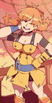 absurdres aika_(eternal_arcadia) belt braid breasts cleavage dress eternal_arcadia highres large_breasts legs orange_hair ragingbarbarians shorts shorts_under_skirt thighs twin_braids