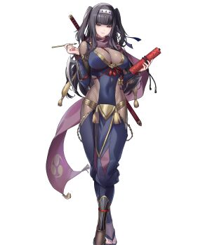 1girl alternate_costume black_eyes black_hair black_scarf bodystocking breasts calligraphy_brush cleavage covered_navel female_focus fire_emblem fire_emblem_awakening fire_emblem_heroes fishnet_bodystocking fishnets full_body headband highres japanese_clothes large_breasts light_smile long_hair looking_at_viewer matching_hair/eyes navel ninja nintendo non-web_source official_alternate_costume official_art paintbrush sandals scarf scroll solo sword sword_on_back tachi-e tassel tharja_(fire_emblem) tharja_(ninja)_(fire_emblem) two_side_up weapon weapon_on_back