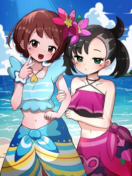 2girls beach black_hair blue_skirt blush brown_hair cloud day flower gloria_(pokemon) gloria_(summer_2021)_(pokemon) green_eyes hair_flower hair_ornament halterneck hand_up highres holding_another&#039;s_arm jewelry marnie_(pokemon) marnie_(summer_2021)_(pokemon) michikusa_mawari multiple_girls navel necklace nintendo ocean official_alternate_costume pink_skirt pokemon pokemon_swsh short_hair skirt water