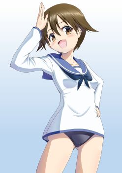 1girl bare_legs blue_one-piece_swimsuit blue_sailor_collar blush breasts brown_eyes brown_hair collarbone dot_nose feet female_focus hair_between_eyes legs long_sleeves looking_at_viewer miyafuji_yoshika one-piece_swimsuit open_mouth sailor_collar short_hair simple_background small_breasts solo standing strike_witches swimsuit swimsuit_under_clothes world_witches_series