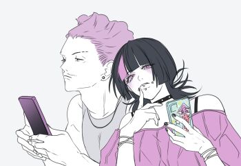 1boy 1girl androgynous black_hair black_nails bracelet cellphone cheek_piercing choker eyelashes face_piercing facial_hair hakari_kinji holding holding_phone hoshi_kirara jewelry jujutsu_kaisen lip_piercing male_to_female medium_hair multicolored_hair mustache_stubble nail_polish phone piercing purple_eyes purple_hair short_hair simple_background smartphone star-shaped_pupils star_(symbol) streaked_hair stubble symbol-shaped_pupils transgender white_background yuz46