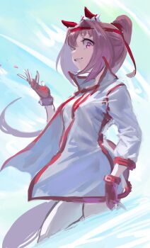 Rule 34 | 1girl, animal ears, bandaid, bandaid on leg, blush, bow, buruma, ear bow, ear covers, flower-shaped pupils, flower in eye, gloves, hairband, haru urara (bestest prize) (umamusume), haru urara (umamusume), headband, highres, horse ears, horse girl, horse tail, inishie kumo, jacket, long hair, looking at viewer, open mouth, pink buruma, pink eyes, pink hair, pink headband, ponytail, red buruma, red gloves, red headband, shirt, smile, solo, symbol-shaped pupils, symbol in eye, tail, umamusume