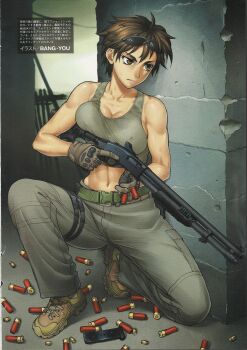 1girl ammunition bang-you breasts brown_eyes brown_hair cleavage female_focus gloves gun highres holding holding_weapon large_breasts magazine_(weapon) midriff military mossberg_500 mossberg_590 muscular navel non-web_source original pump_action reloading shell_casing short_hair shotgun shotgun_shell smoke smoking_barrel solo squatting sunglasses sweat tank_top toned toned_female trigger_discipline weapon
