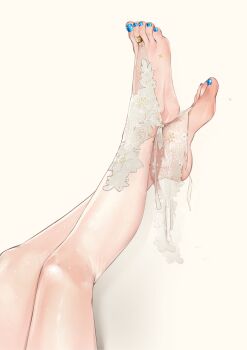 1girl absurdres bare_legs blue_nails bridal_legwear commentary crossed_ankles english_commentary feet feet_only foot_focus highres jewelry kaneko_lumi leg_focus legs nail_polish phase_connect pupi_(rain_prophet) simple_background solo toe_ring toenail_polish toenails toes virtual_youtuber white_background