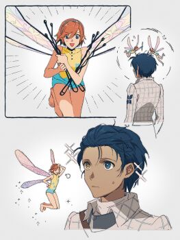 1boy 1girl adjusting_another's_hair bare_arms bare_legs bare_shoulders barefoot blue_eyes blue_hair closed_mouth collarbone commentary cropped_torso dark_blue_hair emphasis_lines fairy fairy_wings floating floral_print flying_sweatdrops full_body gallica_(metaphor:_refantazio) hair_ornament hair_slicked_back hairband hairclip heterochromia highres holding jacket leotard looking_at_another metaphor:_refantazio open_mouth orange_hair pointy_ears print_leotard protagonist_(metaphor:_refantazio) sequential short_hair size_difference smile sophie_(693432) sparkle sweatdrop symbol-only_commentary turtleneck upper_body white_jacket wings yellow_eyes yellow_leotard