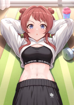 1girl absurdres arms_behind_head arms_up black_bra black_pants blue_eyes blush bra breasts commentary_request exercising from_above gakuen_idolmaster hair_rings hanami_saki highres idolmaster long_hair long_sleeves looking_at_viewer lying navel on_back open_mouth pants red_hair shrug_(clothing) sit-up solo sports_bra stomach sulgi_park sweat two_side_up underwear white_shrug workout_clothes yoga_mat