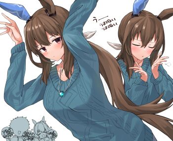 1girl 2girls absurdres admire_vega_(casual)_(umamusume) admire_vega_(umamusume) blowing_kiss blush breasts brown_hair casual cheering closed_eyes curren_chan_(umamusume) highres hitode_(ziburi) horse_girl jewelry long_hair medium_breasts multiple_girls necklace open_mouth short_hair trainer umamusume umapyoi_densetsu white_background