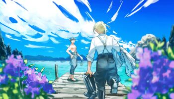 2boys absurdres barefoot black_boots black_hair black_pants blonde_hair boots bridge cloud flower from_behind highres holding holding_boots holding_footwear holding_shirt holding_unworn_clothes laughing male_chest male_focus mori_hisato multiple_boys ocean original pants pectorals ponytail purple_flower rock shirt short_hair suspenders unworn_boots unworn_shirt white_shirt