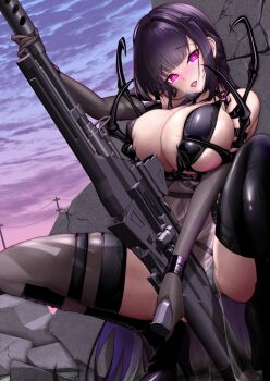 1girl against_wall arm_up asymmetrical_footwear bare_shoulders bikini black_bikini black_boots black_hair black_thighhighs blue_sky boots breasts bright_pupils chest_harness cloud commentary_request crack cracked_wall elbow_gloves evening gloves goddess_of_victory:_nikke grey_gloves grey_thighhighs gun harness head_tilt high_heel_boots high_heels highres hiraken holding holding_gun holding_weapon knees_out_of_frame large_breasts leather_bikini long_hair looking_at_viewer mihara_(bonding_chain)_(nikke) mihara_(nikke) multicolored_hair open_mouth pelvic_curtain planted planted_gun power_lines purple_eyes purple_hair purple_sky raised_eyebrows rifle see-through_clothes see-through_pelvic_curtain sky smile solo spikes spread_legs squatting swimsuit thigh_boots thigh_strap thighhighs two-tone_hair utility_pole very_long_hair weapon white_pupils