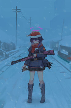 1girl 39iax bag bag_charm black_skirt blue_archive boots charm_(object) christmas commentary_request detonator fabarm_fp6 fog full_body fur-trimmed_headwear fur_trim gun hair_ornament hairclip halo haruka_(blue_archive) hat highres holding_detonator jacket juliet_sleeves knee_boots lace-up_boots long_sleeves medium_hair miniskirt outdoors power_lines puffy_sleeves pump_action purple_boots purple_eyes purple_hair purple_jacket red_hat red_scarf road santa_hat scarf shotgun skirt snow snowing solo standing street utility_pole weapon wire
