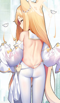 1girl absurdres animal_ears ass back bird blonde_hair blue_archive butt_crack commentary_request fox_ears halo highres korean_commentary long_hair mnm over-kneehighs pantyhose seia_(blue_archive) solo standing thighhighs yellow_eyes yellow_halo