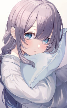 1girl aged_down aoto_neko blue_eyes braid commentary_request fang gradient_background highres hugging_object lace_trim multicolored_eyes original parted_lips pillow pillow_hug purple_hair sidelocks solo two-tone_eyes