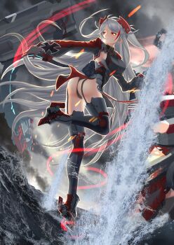 Rule 34 | 1girl, antenna hair, ass, azur lane, black garter straps, black panties, boots, commentary request, garter straps, gloves, grey gloves, grey hair, headgear, highres, long hair, multicolored gloves, orange eyes, outdoors, panties, prinz eugen (azur lane), red gloves, red streaks, rigging, solo, standing, standing on one leg, thigh boots, two-tone gloves, underwear, very long hair, wacky092, water