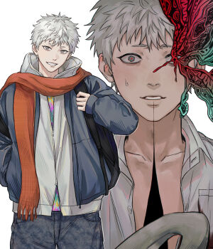 1boy alternate_costume backpack bag bin_(binonep) collared_shirt denim hashtag-only_commentary hikaru_ga_shinda_natsu hood hooded_jacket indou_hikaru jacket jeans looking_at_viewer male_focus multiple_views open_clothes open_jacket open_shirt orange_scarf pants partially_unzipped red_pupils scarf shirt short_hair simple_background smile teeth tie-dye white_background white_hair white_jacket white_shirt zipper_pull_tab