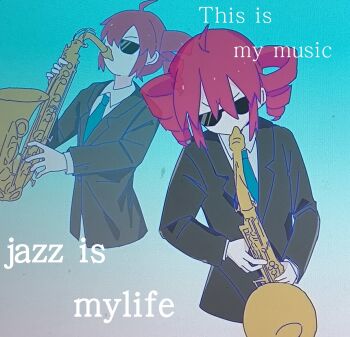1girl ahoge black_jacket blue_necktie collared_shirt cropped_torso drill_hair english_text gradient_background highres holding holding_instrument holding_saxophone instrument jacket jazz_for_your_soul_(meme) kasane_teto long_sleeves meme mizhou_(mzhu112646) multiple_views necktie red_hair saxophone shirt sunglasses twin_drills upper_body utau v-shaped_eyebrows white_shirt