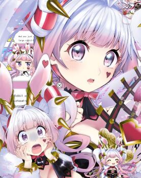 1girl @_@ animal_ears black_leotard blush chibi closed_eyes commentary_request double_bun duel_monster gradient_hair hair_bun leotard long_sleeves maliss_&lt;p&gt;_white_rabbit multicolored_hair open_mouth pink_eyes pink_hair puffy_short_sleeves puffy_sleeves rabbit_ears rabbit_girl sea_whites short_sleeves smile yu-gi-oh!