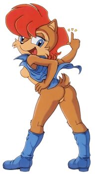 1girl archie_comics ass blue_eyes boots bottomless brown_fur chipmunk female_focus flat_ass furry furry_bomb furry_bomb_factory gesture jacket karate_akabon looking_at_viewer mitsuharu_takura no_nipples no_pussy perineum pointing presenting red_hair sally_acorn sega short_tail simple_background solo sonic_(series) sonic_the_hedgehog_(archie_comics) squirrel straight_hair tail textless_version white_background