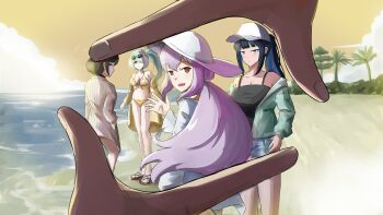 1boy 4girls :d absurdres aqua_hair atsuko_(blue_archive) atsuko_(swimsuit)_(blue_archive) beach bikini black_camisole black_hair blue_archive blue_hair breasts brown_hair brown_shirt camisole cleavage cloud colored_inner_hair commentary english_commentary eyewear_on_head from_behind green_jacket hair_over_one_eye hat high_ponytail highres hiyori_(blue_archive) hiyori_(swimsuit)_(blue_archive) jacket long_hair looking_at_viewer low_ponytail mili_(band) misaki_(blue_archive) multicolored_hair multiple_girls muzilana official_alternate_costume one_side_up open_clothes open_jacket open_mouth orange_bikini ponytail pov pov_hands purple_hair redrawn saori_(blue_archive) saori_(swimsuit)_(blue_archive) sensei_(blue_archive) shirt short_hair sidelocks smile striped_clothes striped_shirt sun_hat sunset swimsuit tian_tian_(mili) waving white_hat