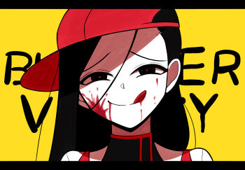 1girl backwards_hat baseball_cap black_eyes black_shirt blood blood_on_face butcher_vanity_(synthesizer_v) close-up closed_mouth hat highres jacket letterboxed long_hair looking_at_viewer mole mole_above_eye natudukikoto partially_shaded_face red_hat red_pupils red_trim shirt solo synthesizer_v text_background tongue white_jacket yellow_background yi_xi_(synthesizer_v)