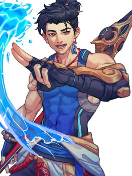 1boy absurdres bare_shoulders black_gloves black_hair blue_shirt brown_eyes covered_abs cowboy_shot earrings fingerless_gloves gloves highres holding holding_weapon jewelry looking_at_viewer male_focus min_gal_77 neck open_mouth overwatch rectangular_earrings shirt single_earring sleeveless sleeveless_shirt smile solo updo weapon white_background wuyang_(overwatch)