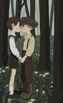 2boys aoomuke bag blonde_hair blue_vest boots brown_hair child collared_shirt flower forest handbag highres holding_hands kodomo_doushi multiple_boys nature original overalls shirt short_hair shorts tree vest yaoi