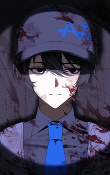 1boy absurdres baseball_cap black_eyes black_hair black_hat black_shirt black_vest blood blood_on_clothes blood_on_face blood_on_hat closed_mouth collared_shirt hat hi_i_dubu highres limbus_company looking_at_viewer project_moon shirt solo vest w_corp._(identity)_(project_moon) yi_sang_(project_moon)