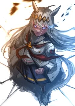 1girl absurdres ahoge animal_ears black_pantyhose blue_eyes blue_sailor_collar blue_skirt boots breasts brooch clenched_hand commentary_request ear_ornament eye_trail from_above glowing glowing_eyes grey_hair grey_tail hair_between_eyes hair_ornament hairband hasewo highres horse_ears horse_girl horse_tail jacket jewelry light_trail long_hair long_sleeves looking_at_viewer looking_up medium_breasts midriff_peek multicolored_hair neckerchief oguri_cap_(starlight_beat)_(umamusume) oguri_cap_(umamusume) pantyhose pleated_skirt red_neckerchief sailor_collar shirt skirt solo star_brooch tail umamusume white_boots white_jacket