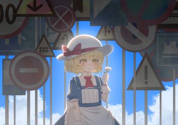 1girl absurdres apron ascot back_bow blonde_hair blue_dress blue_sky bow closed_mouth cloud collared_shirt commentary day dress flower gloves hat highres holding holding_flower kana_anaberal no_entry_sign no_noru puffy_short_sleeves puffy_sleeves red_ascot road_sign shirt short_sleeves sign sky smile solo touhou touhou_(pc-98) waist_apron white_apron white_bow white_flower white_hat white_shirt yellow_eyes