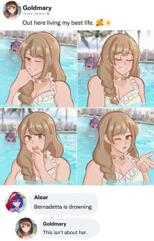 2girls ;) ;o @_@ female_alear_(fire_emblem) asphyxiation bernadetta_von_varley bernadetta_von_varley_(summer) bikini black_eyes blowing_kiss braid braided_ponytail breasts brown_hair cleavage closed_eyes commentary crying crying_with_eyes_open drowning english_commentary english_text eyes_in_shadow female_alear_(fire_emblem) female_alear_(seaside_dragon)_(fire_emblem) fire_emblem fire_emblem:_three_houses fire_emblem_engage fire_emblem_heroes goldmary_(fire_emblem) goldmary_(summer)_(fire_emblem) grin hair_over_shoulder highres jewelry large_breasts long_hair looking_at_viewer meme multiple_girls necklace nintendo official_alternate_costume one_eye_closed open_mouth out_here_living_my_best_life_(meme) outdoors partially_submerged pool purple_hair rice_(ricedonuts) selfie shell shell_necklace short_hair side_ponytail smile swimsuit tearing_up tears text_messaging w white_bikini