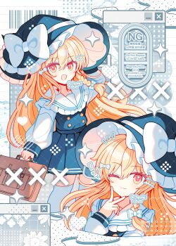 Rule 34 | !, 1girl, absurdres, alternate costume, bag, blonde hair, blue hat, blue skirt, blue vest, blush, bow, braid, brown bag, closed mouth, collared shirt, commentary, frilled shirt collar, frills, hair bow, hat, hat bow, heart, highres, holding, holding bag, kirisame marisa, long hair, long sleeves, looking at viewer, multiple views, one eye closed, open mouth, shirocha tei, shirt, side braid, single braid, skirt, smile, spoken exclamation mark, thighhighs, touhou, twitter username, untranslatable commentary, v, very long hair, vest, watermark, watermark grid, white bow, white shirt, white thighhighs, window (computing), witch hat, yellow eyes
