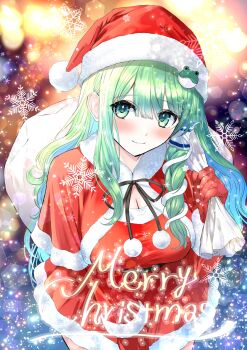 1girl absurdres alternate_costume black_ribbon breasts capelet christmas cleavage closed_mouth commentary_request dress frog_hair_ornament fur-trimmed_capelet fur-trimmed_dress fur-trimmed_headwear fur_trim green_eyes green_hair hair_ornament hair_tubes hat highres holding holding_sack kochiya_sanae long_hair merry_christmas neck_ribbon red_capelet red_dress red_hat ribbon sack santa_costume santa_dress santa_hat single_hair_tube smile snake_hair_ornament snowflakes solo tomo_(uguisu-tei) touhou