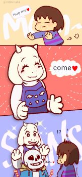 artist_request brown_hair closed_eyes frisk_(undertale) furry goat sans_(undertale) short_hair skeleton smile toriel undertale utdr_(toby_fox)