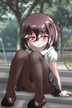 1girl arm_support bench black_skirt blush breast_pocket brown_eyes brown_hair brown_pantyhose brown_shoes bush cameltoe chapio exhibitionism flat_chest grass highres jungle_gym loli looking_at_viewer no_panties original pantyhose playground pocket public_indecency puffy_sleeves pussy rui_(chapio) shirt shoes short_hair short_sleeves sitting skirt smile suspender_skirt suspenders swing tree white_shirt
