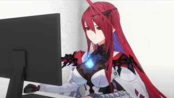 1girl 3d ahoge animated audible_speech blue_fire blush breasts colored_inner_hair commentary computer_keyboard computer_mouse elizabeth_rose_bloodflame elizabeth_rose_bloodflame_(1st_costume) english_audio english_commentary fire highres hololive hololive_english huge_ahoge laughing long_hair monitor multicolored_hair official_art open_mouth red_eyes red_hair smile sound subtitled thorn_(elizabeth_rose_bloodflame) very_long_hair video virtual_youtuber