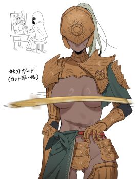 1girl absurdres armor breasts breasts_apart chibi chibi_inset commentary_request convenient_censoring covered_eyes cowboy_shot crucible_knight dark_skin dress easel elden_ring elden_ring_nightreign executor_(elden_ring) genderswap genderswap_(mtf) gluteal_fold helmet helmet_over_eyes highres hood idzuki_kenkyu-in medium_breasts navel painting_(object) samurai scar shiny_skin side_cape sitting solo_focus stool sweatdrop sword weapon white_background