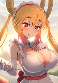 1girl armpits blush breasts cleavage closed_mouth collar dragon_girl dragon_horns dress gloves hair_between_eyes hand_on_own_chest highres horns kobayashi-san_chi_no_maidragon lace lace-trimmed_dress lace-trimmed_gloves lace_trim large_breasts long_hair looking_at_viewer orange_eyes outstretched_hand red_ribbon reiwa_rerere ribbon slit_pupils smile solo sunset tohru_(maidragon) twintails upper_body very_long_hair waist_ribbon white_collar white_dress white_headdress