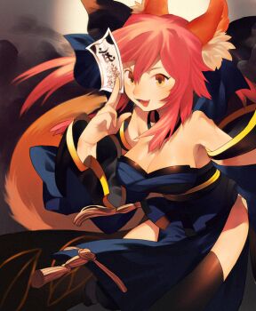 10s 1girl animal_ears bad_id bad_pixiv_id bow breasts cleavage detached_sleeves fate/extra fate_(series) female_focus fox_ears fox_tail gradient_background hair_bow hair_ribbon japanese_clothes naoko_(juvenile) ofuda pink_hair ribbon siddham solo tail tamamo_(fate) tamamo_no_mae_(fate) thighhighs twintails yellow_eyes