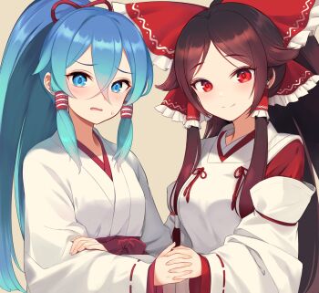 2girls beikeice blue_eyes blue_hair blush bow breasts brown_hair chihaya_(clothing) chinese_commentary detached_sleeves foul_detective_satori frilled_bow frilled_hair_tubes frills furrowed_brow gensokyo's_first_hakurei_miko hair_bow hair_tubes hakama hand_on_another's_hand highres japanese_clothes kimono kosode long_hair long_sleeves looking_at_viewer miko miyadeguchi_mizuchi miyadeguchi_mizuchi_(human) multiple_girls open_mouth ponytail ponytail_holder red_bow red_eyes red_hakama red_ribbon ribbon ribbon-trimmed_sleeves ribbon_trim small_breasts smile sweat touhou translated very_long_hair white_kimono wide_sleeves yellow_background