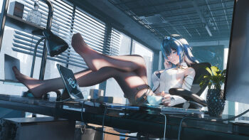 1girl absurdres bare_shoulders black_bra black_pantyhose blue_eyes blue_hair bottle bra breasts building chalkboard commentary_request computer computer_keyboard computer_tower crossed_legs cup desk desk_lamp detached_sleeves hair_ornament highres indoors katya_klein lamp laptop large_breasts legs_on_table licking_lips mr_ito no_shoes office pantyhose phone plant plate sitting skyscraper snowbreak:_containment_zone soles solo teacup thighs tongue tongue_out trash_can underwear window window_blinds wire