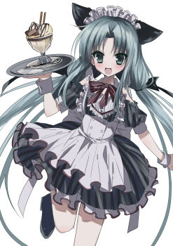 1girl :d absurdres alternate_costume animal_ears apron aqua_hair black_bow black_dress blush bow bowtie cat_ears commentary_request dress enmaided eyes_visible_through_hair fake_animal_ears floating_hair food foot_out_of_frame frilled_apron frilled_dress frills green_eyes hair_bow hand_up happy highres himawari_no_kyoukai_to_nagai_natsuyasumi holding holding_tray ice_cream kasukasugom1 long_hair looking_at_viewer low_twintails maid maid_apron maid_headdress nonohara_hinazakura open_mouth parted_bangs red_bow red_bowtie sidelocks simple_background smile solo standing standing_on_one_leg tray twintails very_long_hair white_apron white_background white_wrist_cuffs wrist_cuffs