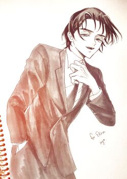 Rule 34 | 1boy, adjusting clothes, adjusting necktie, aya carmine, business suit, collared shirt, commentary request, for elise - elise no tame ni, formal clothes, highres, kubota (for elise - elise no tame ni), male focus, necktie, salaryman, shirt, short hair, smile, solo, suit, traditional media