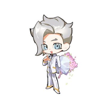 Rule 34 | 1boy, absurdres, aqua eyes, asymmetrical hair, bouquet, commentary request, deformed, flower, full body, grey hair, highres, holding, holding behind back, holding bouquet, index finger raised, jacket, looking at viewer, male focus, mnshan3976391, open mouth, pants, parted hair, shoes, simple background, solo, spectre (yu-gi-oh!), white background, white jacket, white pants, white shoes, yu-gi-oh!, yu-gi-oh! vrains