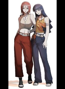 2girls armband black_hair black_pants blue_eyes blue_pants blunt_bangs boruto:_two_blue_vortex breasts camisole crop_top denim haruno_sakura highres ifevilwhyuhot jeans jewelry long_hair medium_hair midriff multiple_girls naruto_(classic) naruto_(series) navel necklace official_alternate_costume official_alternate_hairstyle open-toe_shoes pants pillarboxed pink_hair red_pants small_breasts time_paradox uzumaki_himawari yellow_camisole