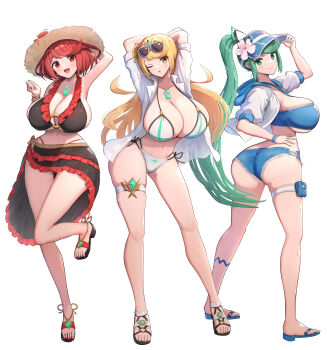 3girls :d absurdres adjusting_clothes adjusting_headwear alternate_costume arm_up armlet armpits arms_up ass belly bikini black_bikini blonde_hair blush bob_cut bracelet breasts butt_crack chest_jewel cleavage core_crystal_(xenoblade) curvy day earrings eyewear_on_head feet flip-flops floating_earrings flower frilled_bikini frills full_body gonzarez green_eyes green_hair hair_flower hair_ornament happy hat highres huge_breasts jacket jewelry kneepits large_breasts legs long_hair long_legs looking_at_viewer medium_hair multiple_girls mythra_(xenoblade) nail_polish navel o-ring o-ring_bikini o-ring_top one_eye_closed open_clothes open_mouth open_shirt pneuma_(xenoblade) ponytail pouch pyra_(xenoblade) red_eyes red_hair ribbon sandals shirt short_shorts shorts side-tie_bikini_bottom side_ponytail sideboob simple_background skindentation smile standing standing_on_one_leg stomach straw_hat sunglasses swept_bangs swimsuit thigh_gap thigh_pouch thigh_strap thighs tiara toenail_polish toenails toes underboob very_long_hair visor_cap water white_background white_bikini white_jacket white_shirt wide_hips wristband xenoblade_chronicles_(series) xenoblade_chronicles_2 yellow_eyes
